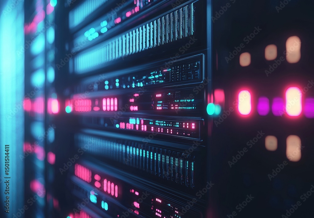 Fototapeta premium High-detail view of illuminated server equipment with glowing blue and pink lights, ideal for visualizing data systems, cloud storage, or advanced digital infrastructure