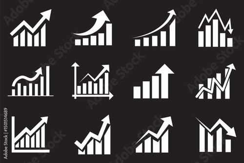 Up and down graph chart vector icon set. growth increase and decrease sign. economy rise and decline symbol. upward or downward trend bar chart icon. profit and loss statistics.