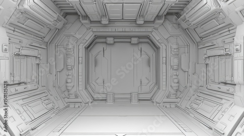 Fototapeta Naklejka Na Ścianę i Meble -  Futuristic monochrome spaceship corridor with large central airlock door