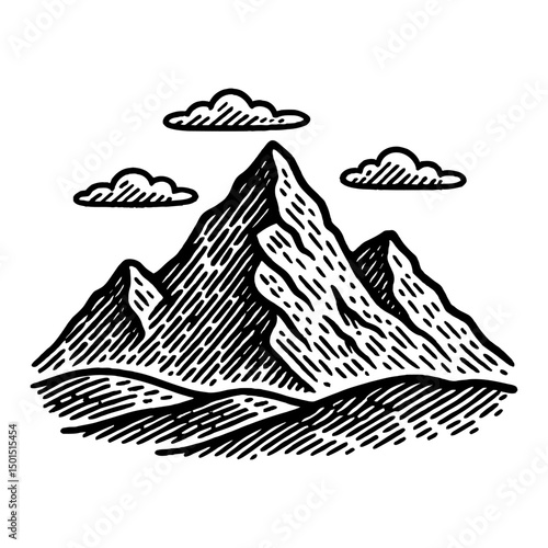 Black And White Mountain Range Illustration With Cloudy Sky