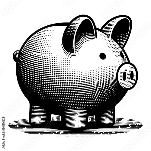 Detailed Black And White Stippling Illustration Of A Piggy Bank