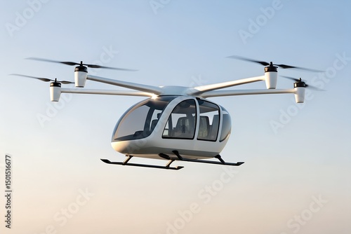A modern electric vertical takeoff and landing (eVTOL) aircraft in mid-flight, showcasing advanced urban air mobility technology. The sleek design features multiple rotors for stability and efficiency