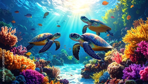 Fototapeta Naklejka Na Ścianę i Meble -  Vibrant underwater ecosystem featuring sea turtles swimming amidst coral reefs
