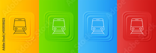 White Train and railway icon isolated on colorful background. Public transportation symbol. Subway train transport. Metro underground. Set icons in square buttons. Vector