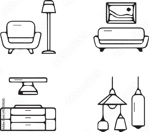 Modern Home Furnishing: A curated set of contemporary home furnishing featuring chair, lamp, sofa, table, and light.