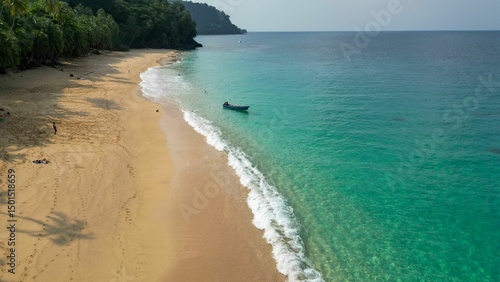 Aerial View of a Boat in Stunning Crystal Clear Waters of Principe Island, Africa
