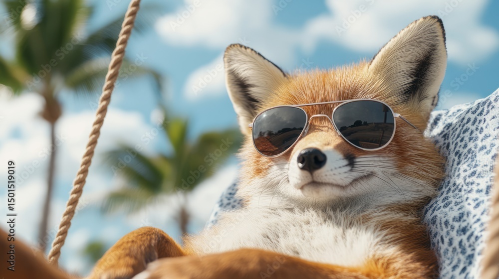 Fototapeta premium Fox Relaxing in Sunglasses Under Palm Trees at a Beach with a Clear Blue Sky