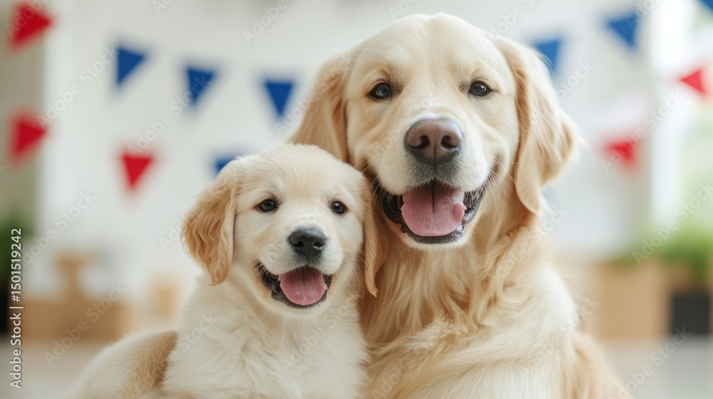 Happy Golden Retriever Dog and Puppy with Joyful Expressions in a Cheerful Indoor Setting Happy Golden Retriever Dog and Puppy with Joyful Expressions in a Cheerful Indoor Setting