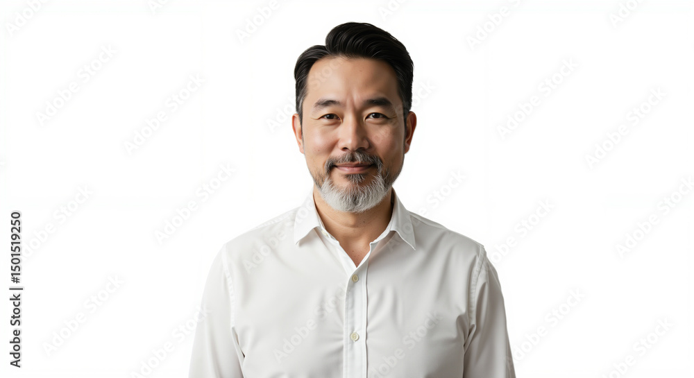 Middle-aged man smiling while standing against a plain background Middle-aged man smiling while standing against a plain background