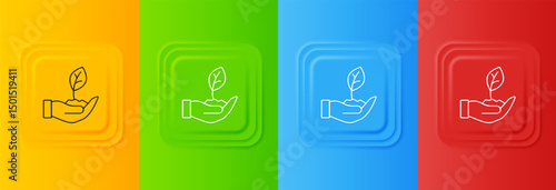 White Plant in hand of environmental protection icon isolated on colorful background. Seed and seedling. Planting sapling. Set icons in square buttons. Vector