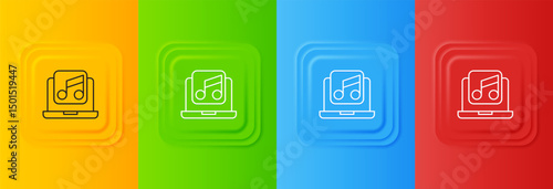 White Laptop with music note symbol on screen icon isolated on colorful background. Set icons in square buttons. Vector