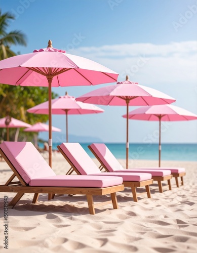 Wallpaper Mural beach with hot sun, namely summer with pink beach benches with umbrellas Torontodigital.ca
