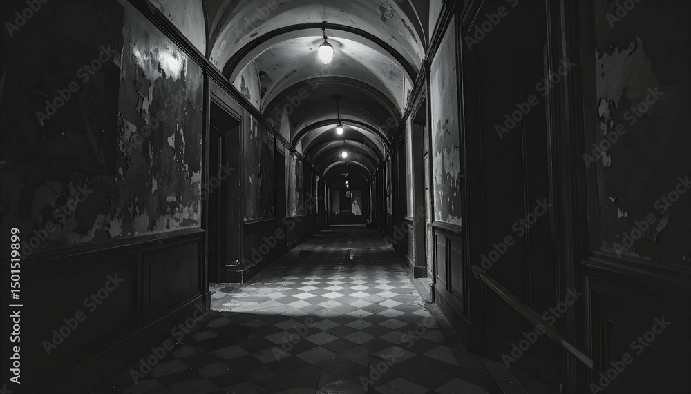 Fototapeta premium Dark And Creepy Abandoned Building Corridor