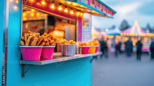 A colorful food stall at an outdoor fair serves snacks in pink buckets, with festive lights and blurred crowds in the background.