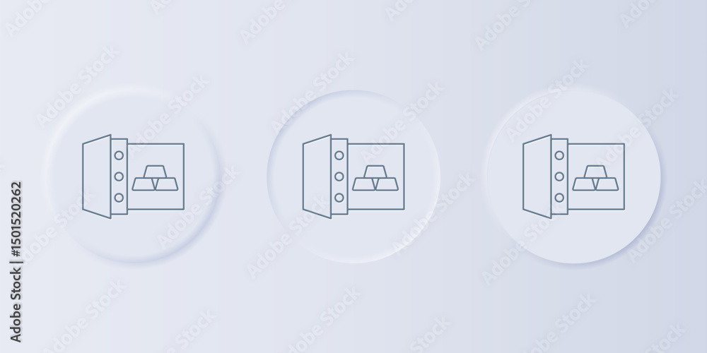 Obraz premium Grey Safe with gold bars icon isolated on grey background. Precious metals on deposit in bank. Metallic treasury. Reliable data protection. Set icons in square buttons. Vector