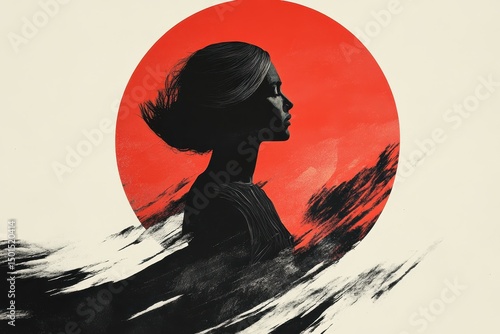 Woman Silhouette Against Red Circle Background