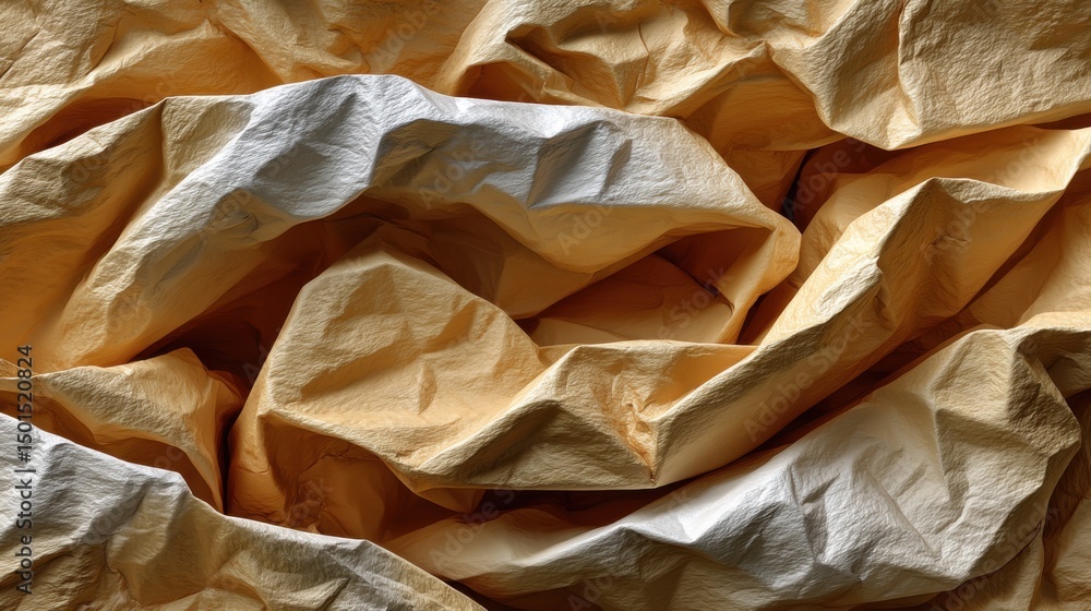 Close-up of crumpled beige and white paper with textured folds and shadows Close-up of crumpled beige and white paper with textured folds and shadows