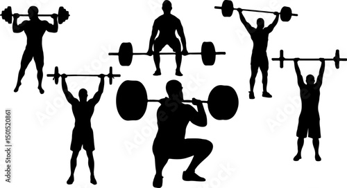 Silhouette Collection of strong men weightlifting barbell training fitness weightlifting strength training in fitness center muscle training bodybuilding athletic