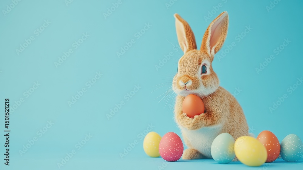 Fototapeta premium Cute Bunny Holding Easter Egg with Colorful Eggs