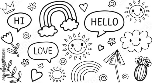 cute hand drawn doodle vector set,a seamless vector doodle illustration in black and white. love, Natural , firework, cloud, weather, rainbow, snow, heart and creative design vector collection.
