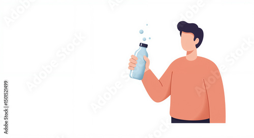 Man holding water bottle with splashes in abstract illustration  