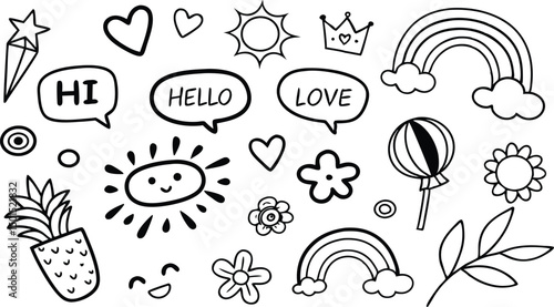 cute hand drawn doodle vector set,a seamless vector doodle illustration in black and white. love, Natural , firework, cloud, weather, rainbow, snow, heart and creative design vector collection.