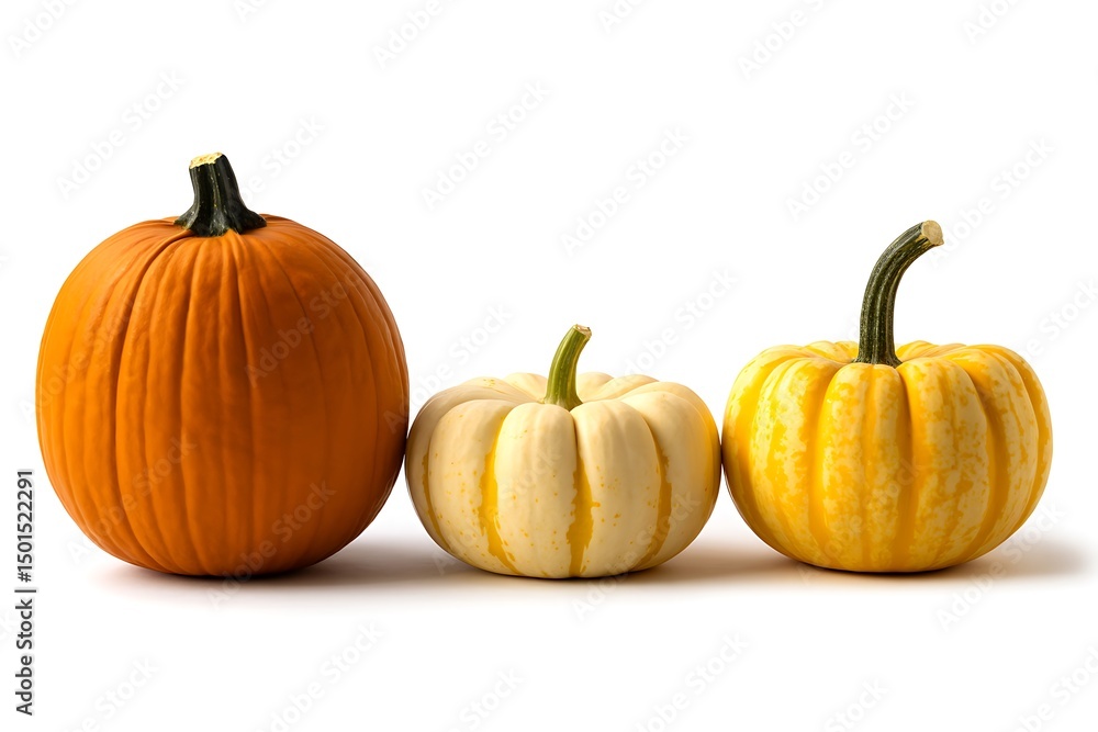 Fototapeta premium Three decorative gourds with vibrant colors isolated on a white background