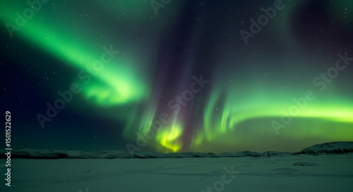 Wallpaper Mural Aurora borealis displays vibrant green and purple hues over snowy landscape Torontodigital.ca