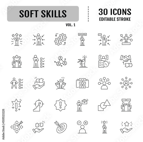 Soft Skills icon set. Containing leadership, attitude, work ethics, critical thinking, problem solving, teamwork and public speaking icons. Simple flat vector illustration