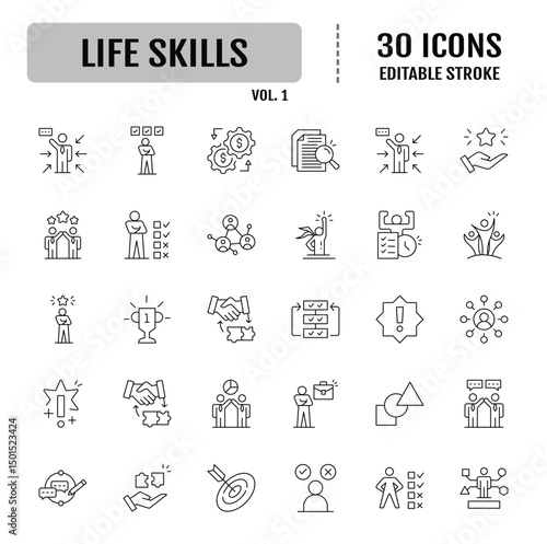Life Skills icon set. Containing leadership, attitude, work ethics, critical thinking, problem solving, teamwork and public speaking icons. Simple flat vector illustration