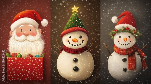 Three charming christmas characters, santa and snowmen.