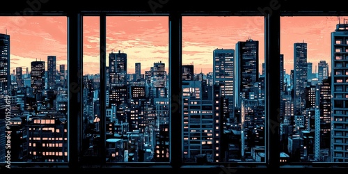 Sunset cityscape viewed from a window (1)