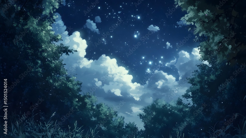 Fototapeta premium Stars visible through a break in storm clouds over a forest