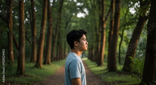 Contemplative young person walking in forest nature and wellbeing concept