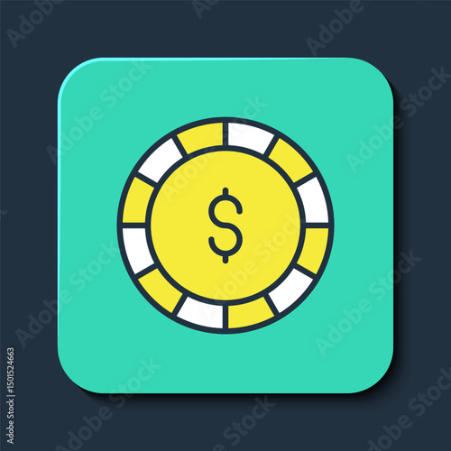 Filled outline Casino chip with dollar symbol icon isolated on blue background. Casino gambling. Turquoise square button. Vector