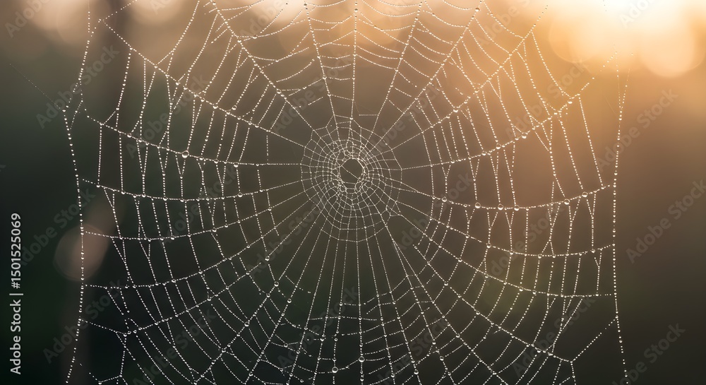 Fototapeta premium Delicate spiderweb covered with morning dew in soft sunlight