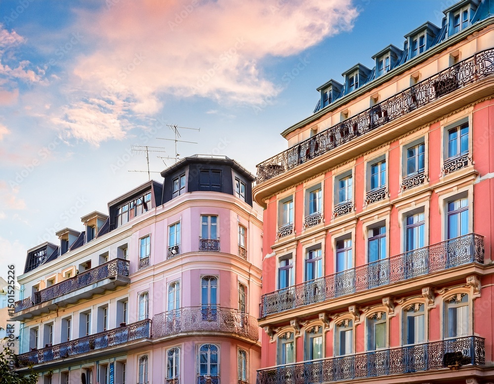 Obraz premium traditional european building with ornate balconies historic charm and pastel exterior details