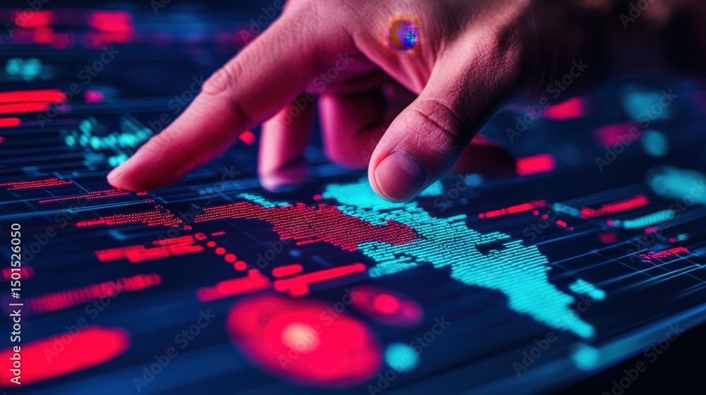 Naklejka premium A hand interacts with a glowing digital screen displaying graphs, data points, and a map in vibrant blue and red colors.