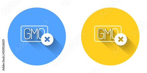 White No GMO icon isolated with long shadow background. Genetically modified organism acronym. Dna food modification. Circle button. Vector