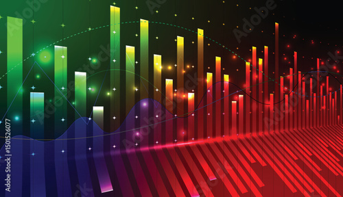 Abstract colorful gradient financial background with lots of light spots digital technology fluctuating graphs and chart vector illustration design.