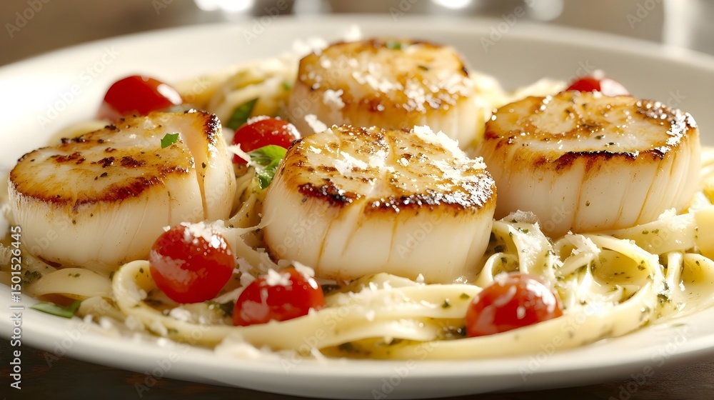Gourmet Seared Scallops with Fettuccine and Cherry Tomatoes Dish Gourmet Seared Scallops with Fettuccine and Cherry Tomatoes Dish