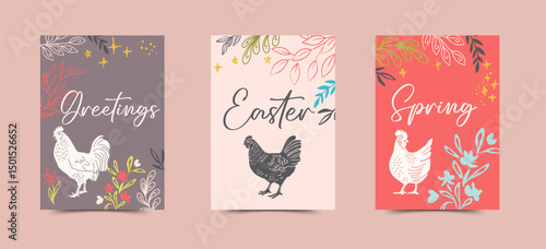 Spring Chickens and Botanicals Vector Cards Set
