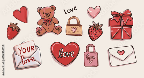Valentine's Day Vector Illustration: Cute Doodle Hearts, Gifts, Teddy Bear, Strawberries, and Love Letter – Modern Pastel Cartoon Style for 14 February