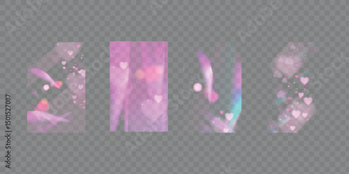 Pink blurred overlays with colorful lens dispersion, crystal romantic hearts light, exposed photographic film and flare transparent effects. Vector illustration