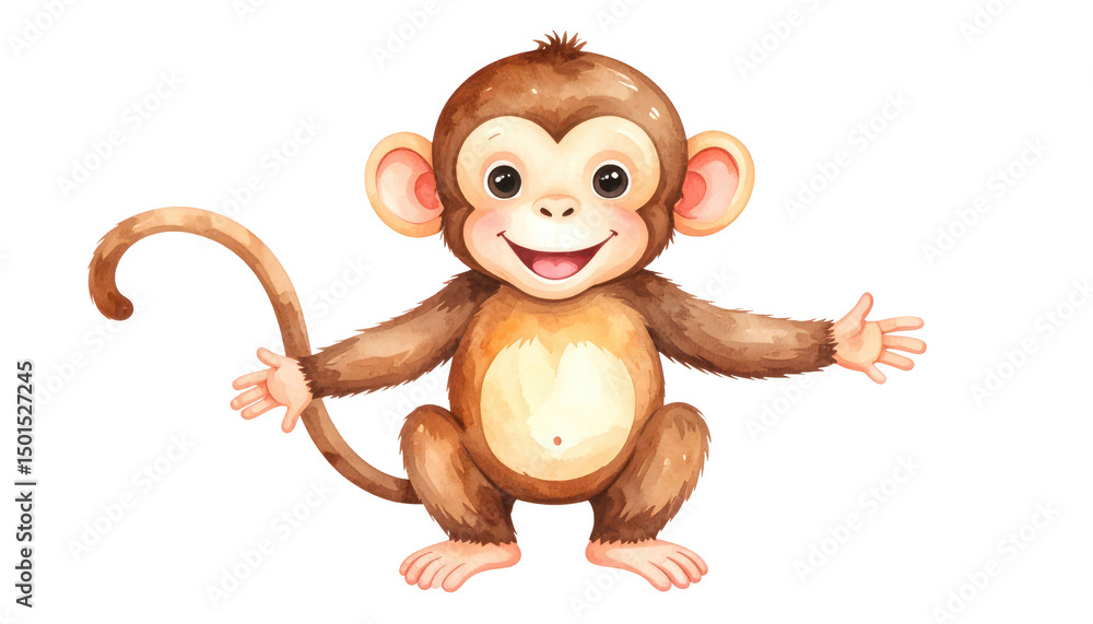 Obraz premium Playful cartoon monkey with a big, cheerful smile, vibrant illustration