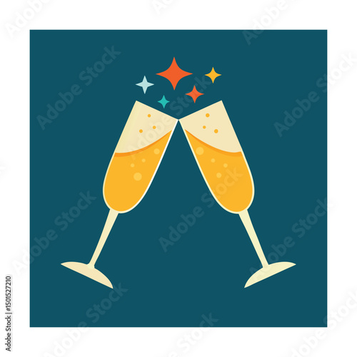 Two champagne flutes clinking together with festive sparkles celebrating a special occasion
