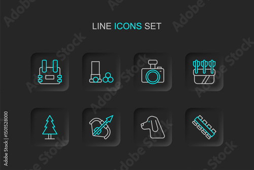 Set line Hunting cartridge belt, dog, Medieval bow and arrow, Tree, Quiver with arrows, Photo camera, Cartridges and Bulletproof vest icon. Vector