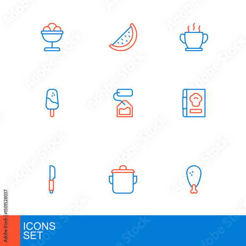 Set line Chicken leg, Cooking pot, Knife, Cookbook, Ice cream, Tea bag, Bowl of hot soup and Watermelon icon. Vector
