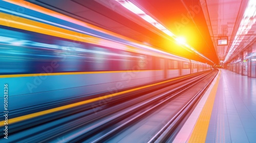 A high-speed train rushes through a modern, brightly lit station with vibrant colors and motion blur.