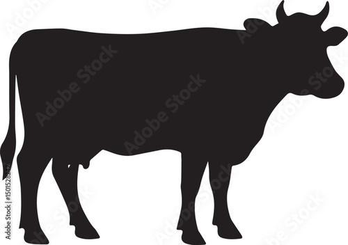 Black and white vector silhouette illustration of farm animals including a cow and bull
